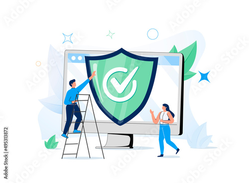 Internet security and privacy data antivirus protection tiny person concept. Safe network, secured web page and safety