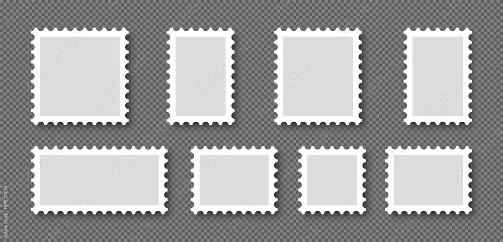 Blank postage stamps set. Frame set for mail envelopes. Vector EPS 10