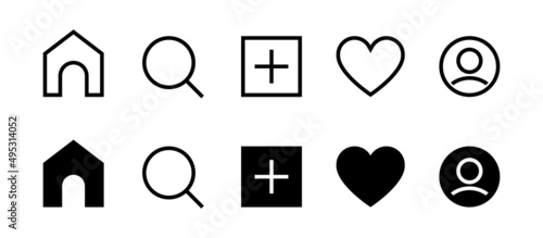 Home, search, add, like and my account icon set. Social media icon collection for web design. Vector EPS 10