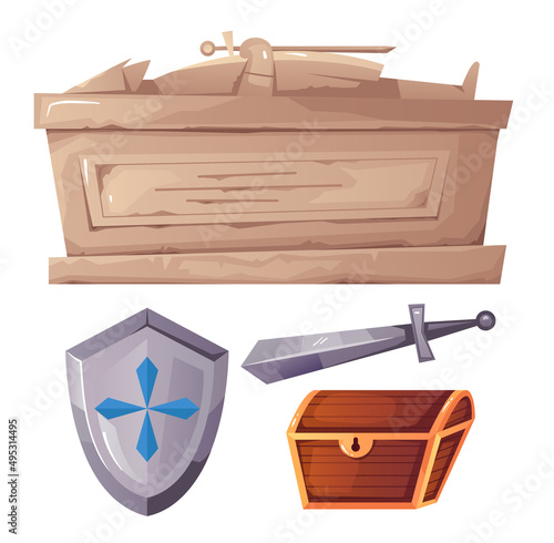 Knight warrior ancient coffin crypt archeology excavations design element isolated on white background