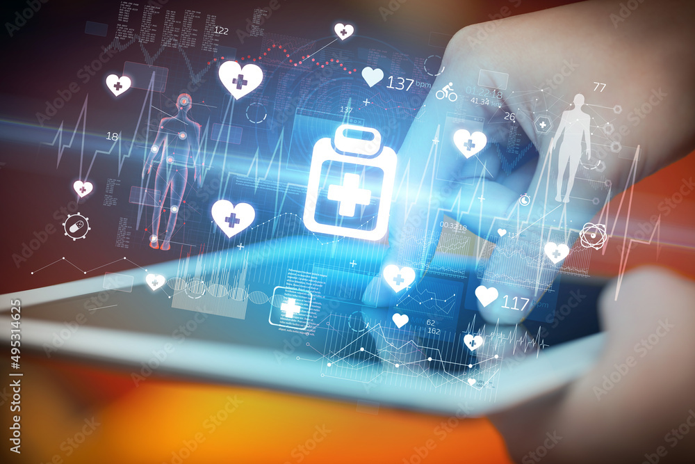 Close-up of a touchscreen with healthcare icons Close-up of a touchscreen with healthcare icons