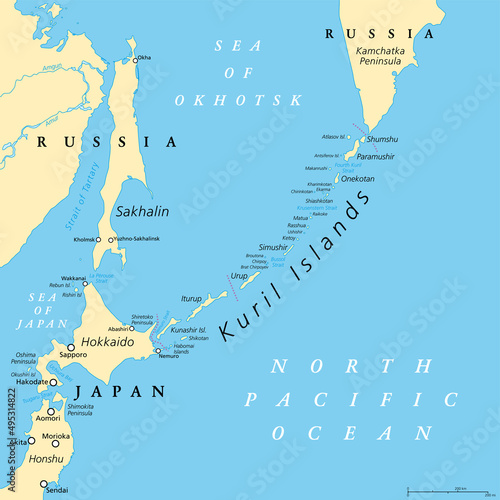 Kuril Islands political map. A volcanic archipelago part of Sakhalin Oblast in the Russian Far East. It stretches from Hokkaido in Japan to Kamchatka Peninsula in Russia. Under Russian administration. photo