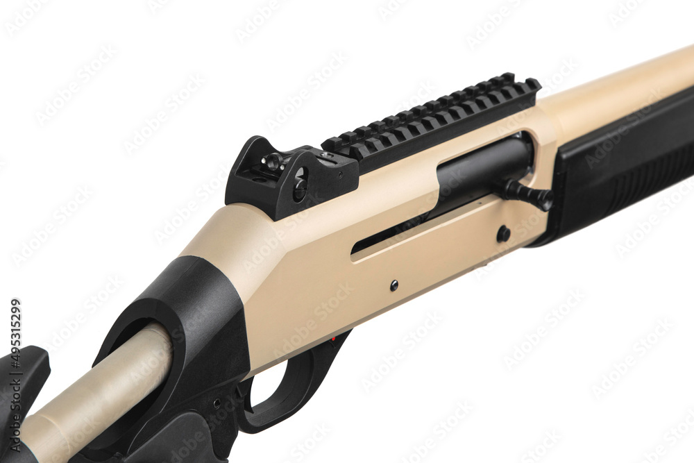 Modern semi-automatic shotgun. Weapons for sports and hunting. Weapon isolate on white back