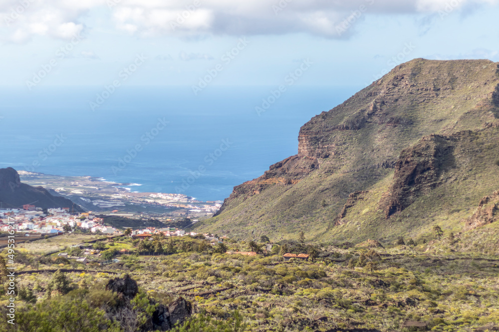 Barranco Seco gorge landscape with steep green slopes, Tenerife, Canary islands, Spain