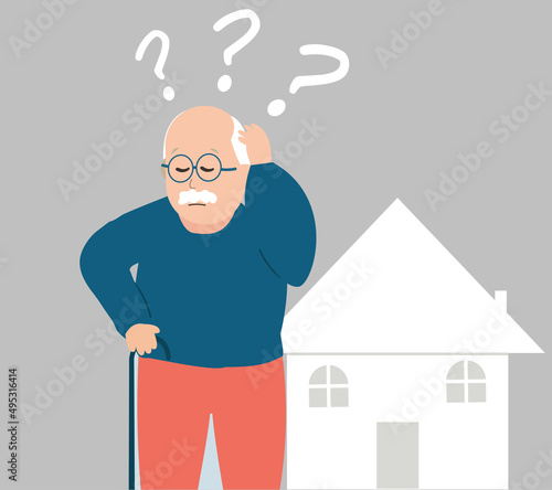 Old man lost his way and needs help. Elderly male walking on street lost his way home. Mature people with Memory loss issues. Alzheimer symptom disease and mental health illness concept. Vector stock 