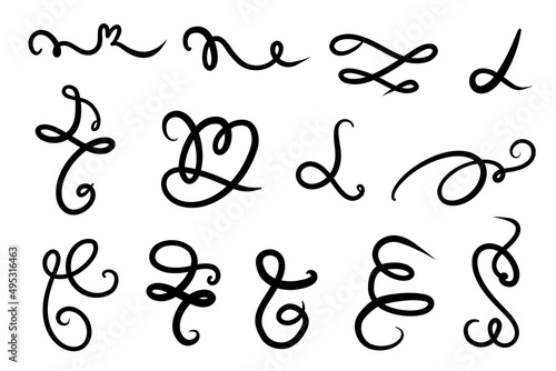 Set of hand drawn Swirls, lettering and calligraphy decoration, squiggles. Vector ink swirl and freeform swoop