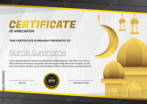 Certificate with Mosque Background and Black Gold Color Suitable for Ramadan Concept Template