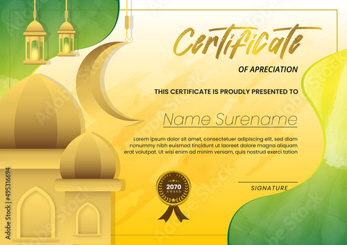Certificate with Mosque Background and Green Gold Watercolor Suitable for Ramadan Concept Template