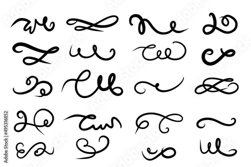 Set of hand drawn Swirls, lettering and calligraphy decoration, squiggles. Vector ink swirl and freeform swoop