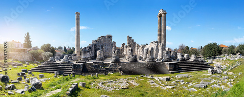 Wide angle photo of temple of apollo in didyma ancient city. Historical tourism concept. photo