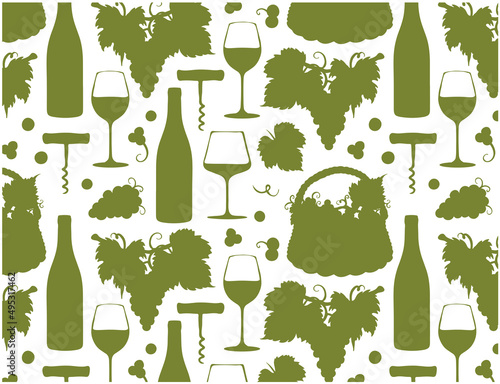 Pattern of drawing green wine bottle, grapes in basket, glass with alcohol drink, champagne on white background. Outline beverage, silhouette winery, line art corkscrew, vine. Vector illustration.