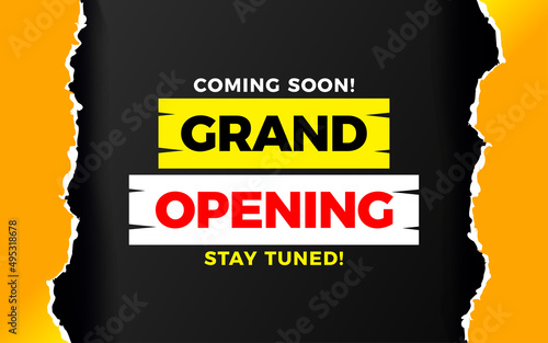 Grand opening coming sale poster, sale banner on realistic yellow ripped paper background template with 3d editable text effect