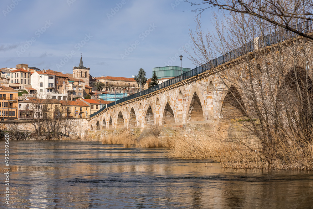 Stone bridge of Zamora and the old town view with the Douro river. Spain