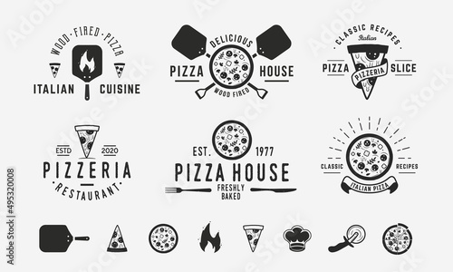 Vintage hipster logo templates and 8 design elements for pizzeria and bakery. Pizza, Bakery and Restaurant emblems templates. Pizza, Chef, Oven, fire icons.Vector illustration