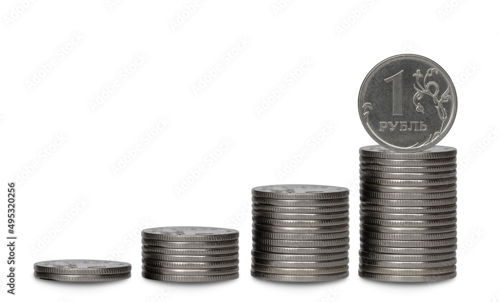 Money coin russian ruble, growth financial business concept isolated on white background with shadows, clipping path for isolation without shadows Money coin russian ruble, growth financial business concept isolated on white background with shadows, clipping path for isolation without shadows