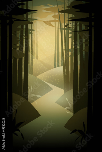 Illustration of a footpath through the mysterious forest under the sun rays breaking through the foliage of the trees.