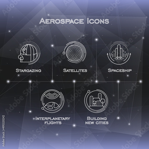Set of space technology vector icons for web design isolated on black background of sky and stars.