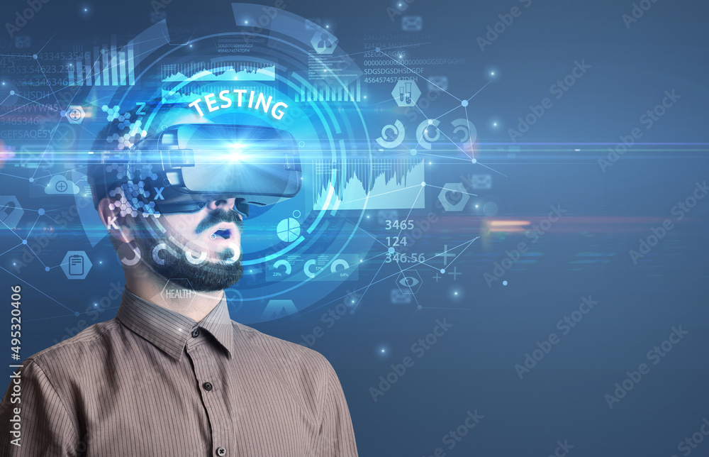 Businessman looking through VR glasses Businessman looking through VR glasses