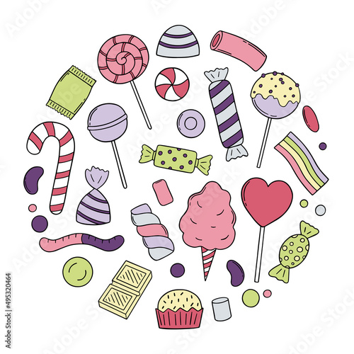 Hand drawn set of sweets and candies doodle. Lollipop, caramel, chocolate, marshmallow in sketch style.  Vector illustration isolated on white background.