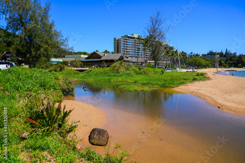 Freshwater stream on Kalapaki Beach on the South Shore of Kauai island in Lihue, Hawaii, United States