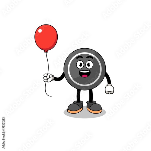 Cartoon of hockey puck holding a balloon