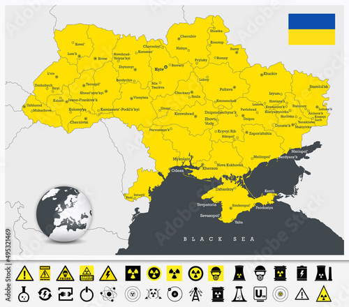 Принти на полотні Ukraine map and nuclear power technology icons