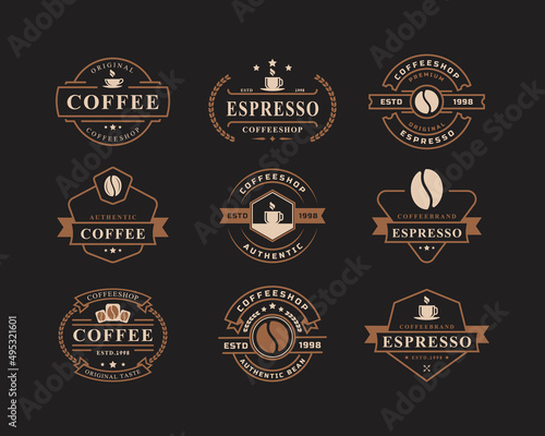 Set of Classic Retro Badge Coffee Shop Logos. Cup, beans, cafe vintage style design vector illustration