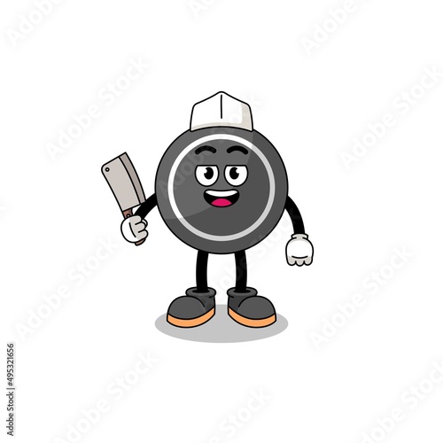 Mascot of hockey puck as a butcher