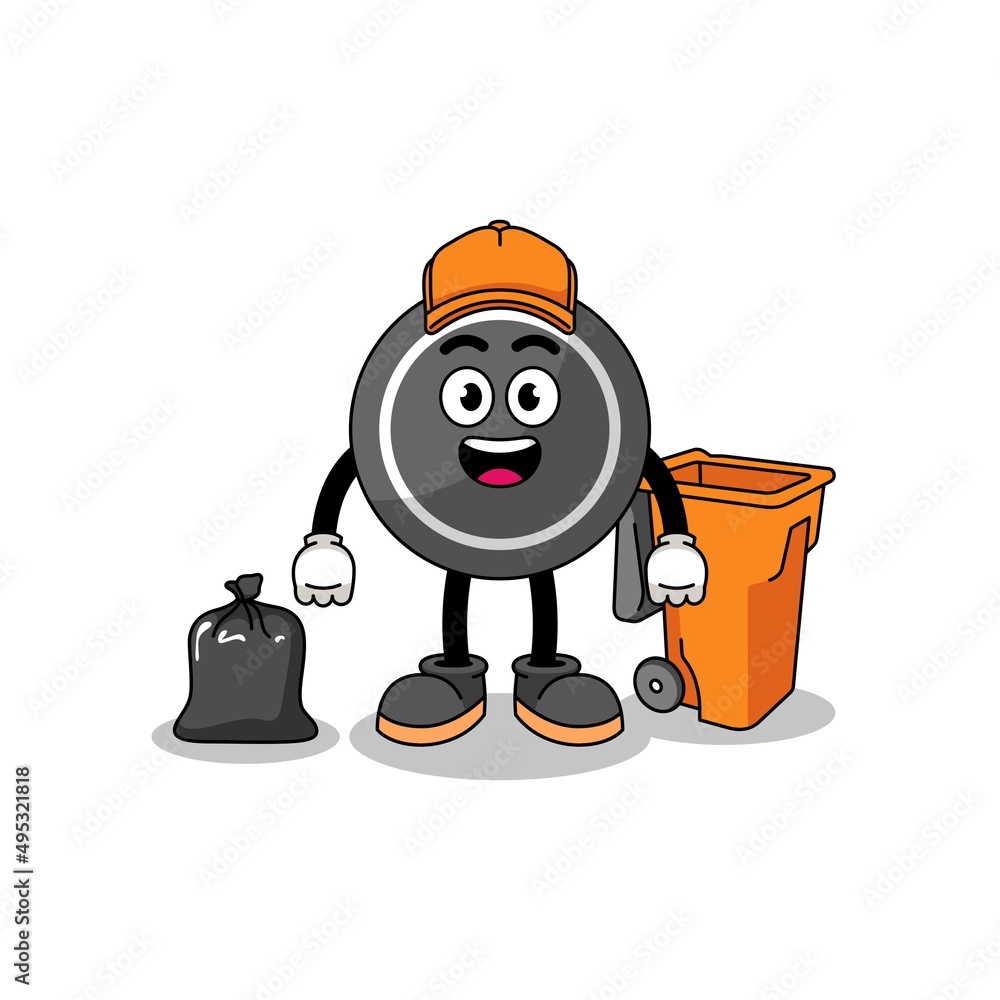 Illustration of hockey puck cartoon as a garbage collector