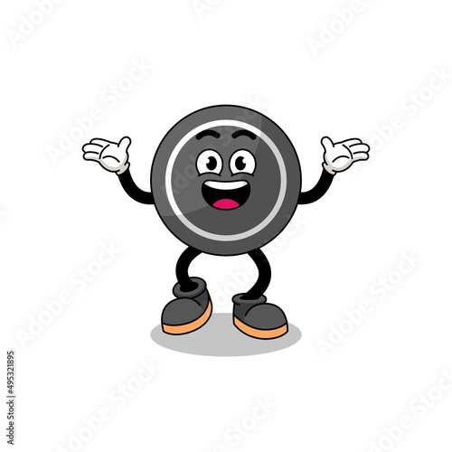 hockey puck cartoon searching with happy gesture