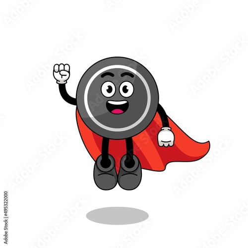 hockey puck cartoon with flying superhero