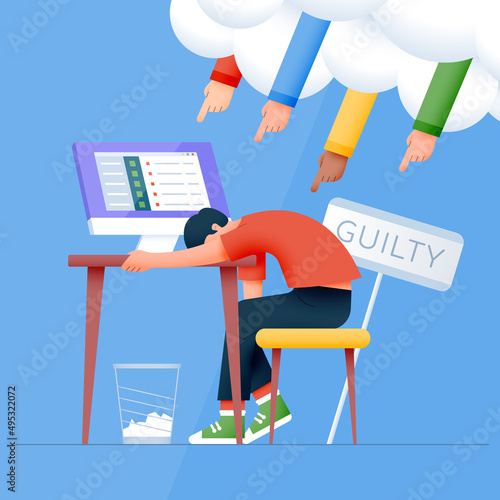 Guilty workplace character with computer bowed his head.