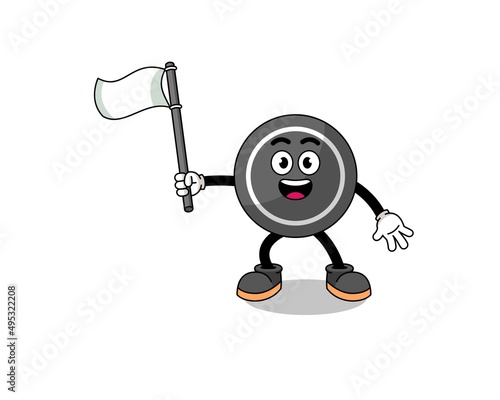 Cartoon Illustration of hockey puck holding a white flag