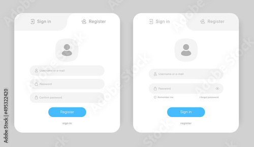 Set of Sign Up and Sign In forms. Registration and login forms page. Professional and User-friendly web and UI UX design elements. Modern Sign in and Register page. Username, email and password.