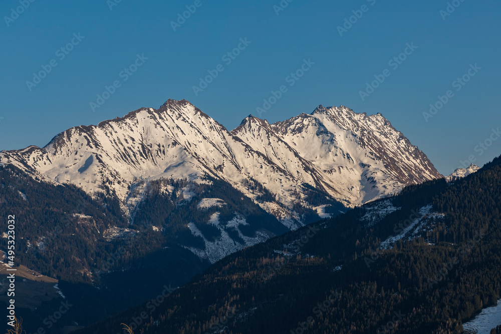 travel austria, mountain view direction of Kitzsteinhorn, national park Hohe Tauern, Austria
