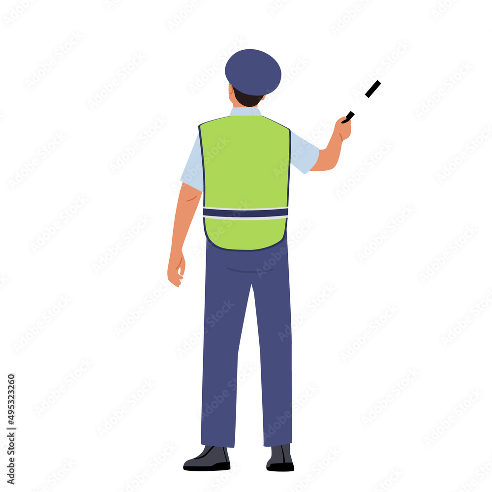 Traffic Policeman Wear Uniform Hold Baton Rear View Isolated on White Background. Police Officer Professional Occupation