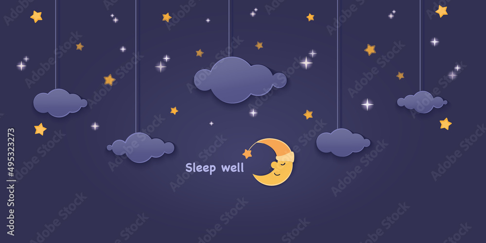 Sleep well. Night sky. Clouds, crescent moon with stars. Cartoon paper cut, dark blue sky background