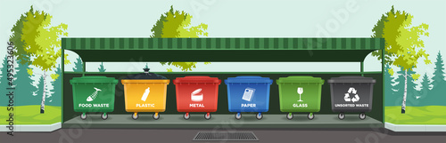 Garbage bins in vector under a roof of different colors for separate collection of waste with signs and type of raw materials in nature. Separation and recycling of waste at the plant for recycling. 