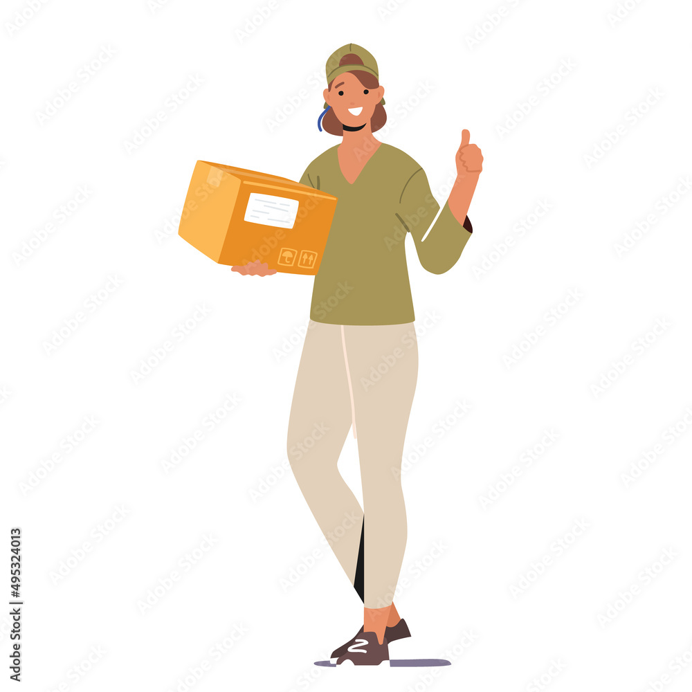 Young Cheerful Courier Female Character Wear Uniform Carry Carton Box to Customer. Delivery Service Girl with Parcel Young Cheerful Courier Female Character Wear Uniform Carry Carton Box to Customer. Delivery Service Girl with Parcel