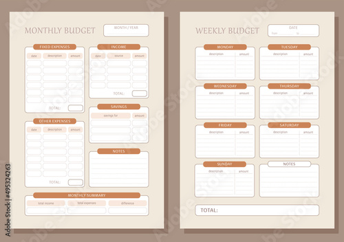 Vector orange brown pastel printable monthly and weekly budget planners, CMYK