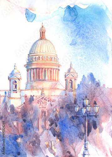 St. Isaac's Cathedral in St. Petersburg is drawn in watercolor for tourism design. St. Isaac's Cathedral, St. Petersburg, Russia.