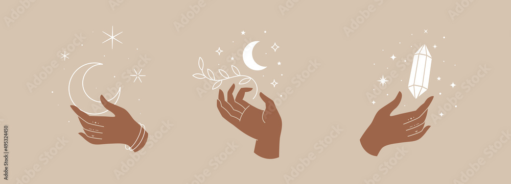 Set of mystical symbols for spiritual practices. Magical hands keep crescent, crystal, branch against background of stars. Trendy minimalist signs for design of cosmetics, jewelry, handmade products. - obrazy, fototapety, plakaty 