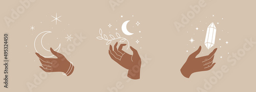 Set of mystical symbols for spiritual practices. Magical hands keep crescent, crystal, branch against background of stars. Trendy minimalist signs for design of cosmetics, jewelry, handmade products.