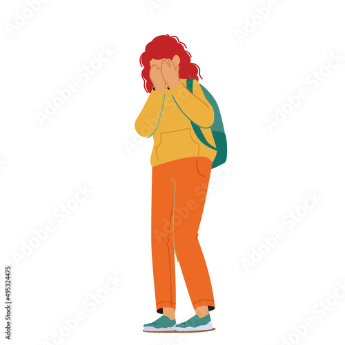 Bullying or Harassment Concept. Schoolgirl Character with Covered Face Crying after Being Bullied and Called Nasty Names