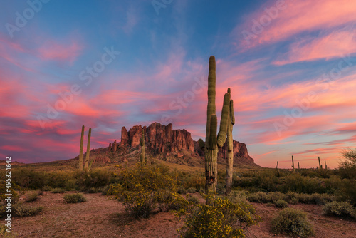 The Superstition Mountains at sunset in Lost Dutchman State Park, Arizona