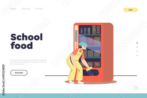 School food concept of landing page with small girl buying snack in vending machine