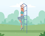 Athlete Training and Workout. Female Character Exercising Outdoors Pull Herself Up on Horizontal Bar, Sports Activities