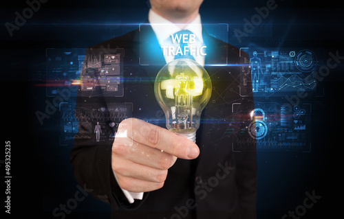 Businessman holding a light bulb, online security concept