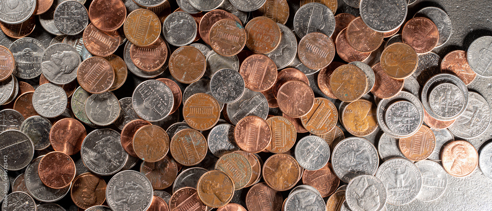 Pattern of US Dollar coins. Pennies dimes and quarter coins Pattern of US Dollar coins. Pennies dimes and quarter coins