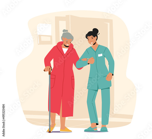 Healthcare, Medical Aid Concept. Social Worker Care of Sick Senior. Young Nurse or Volunteer Medic Help to Old Woman